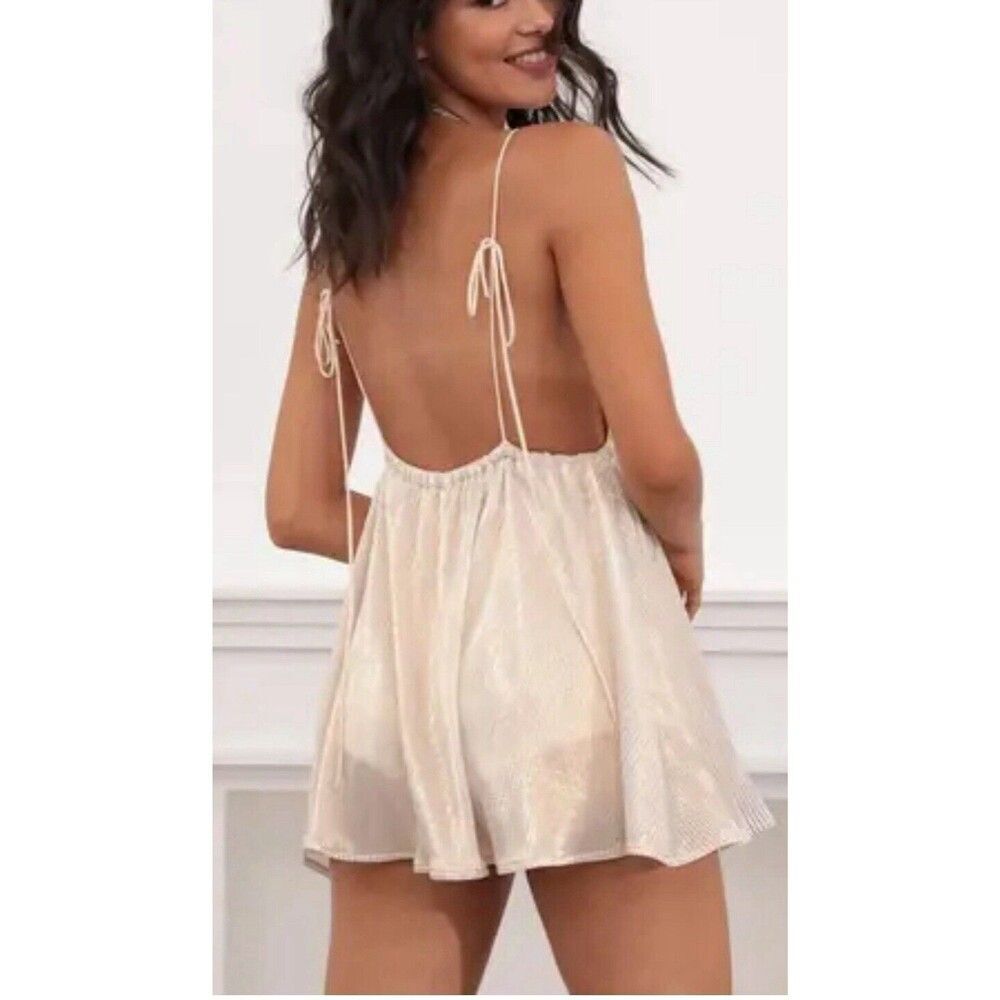 Lucy mini dress Shoulder Tie Gold Metallic Sexy HOCO pleated L fairy prom club - Picture 2 of 12
